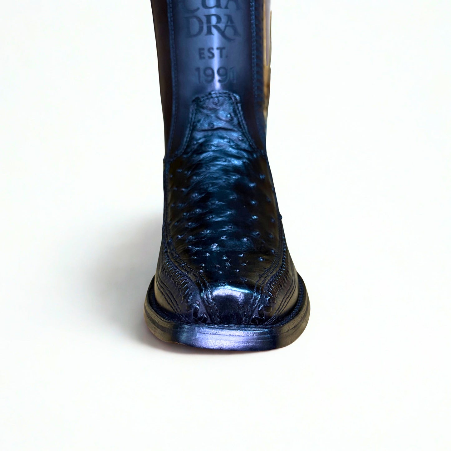 Cuadra Black Ostrich Lazer & Woven Narrow Square Toe Boots front view showing narrow square toe