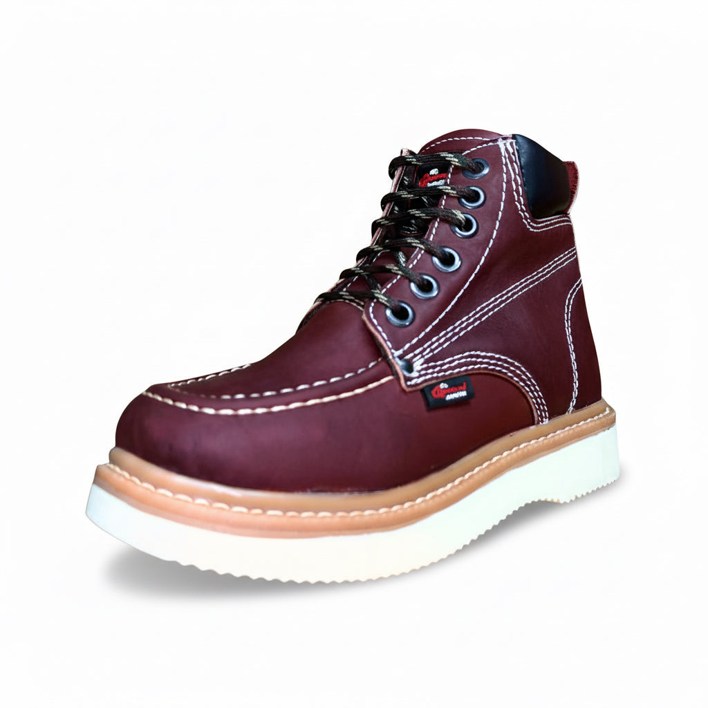 Cerro Piel Shedron Rayas Ambar men’s work boot in burgundy leather with wedge sole angled view
