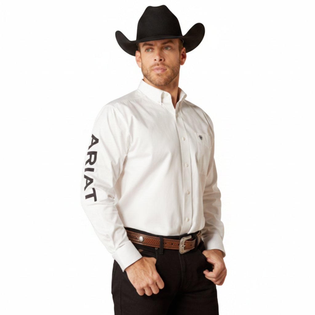 Ariat Team Logo Twill Classic Fit Shirt front view on model in white