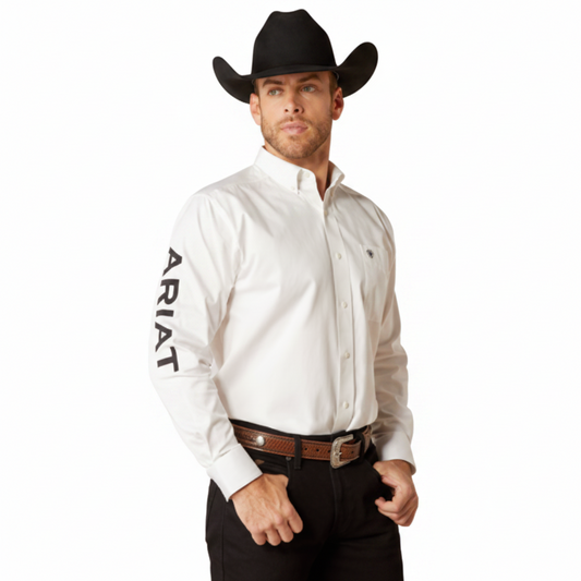 Ariat Team Logo Twill Classic Fit Shirt front view on model in white