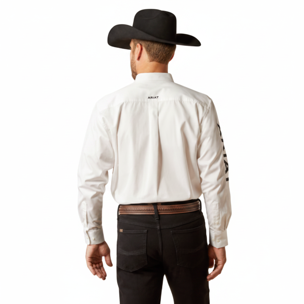 Ariat Team Logo Twill Classic Fit Shirt back view on model in white