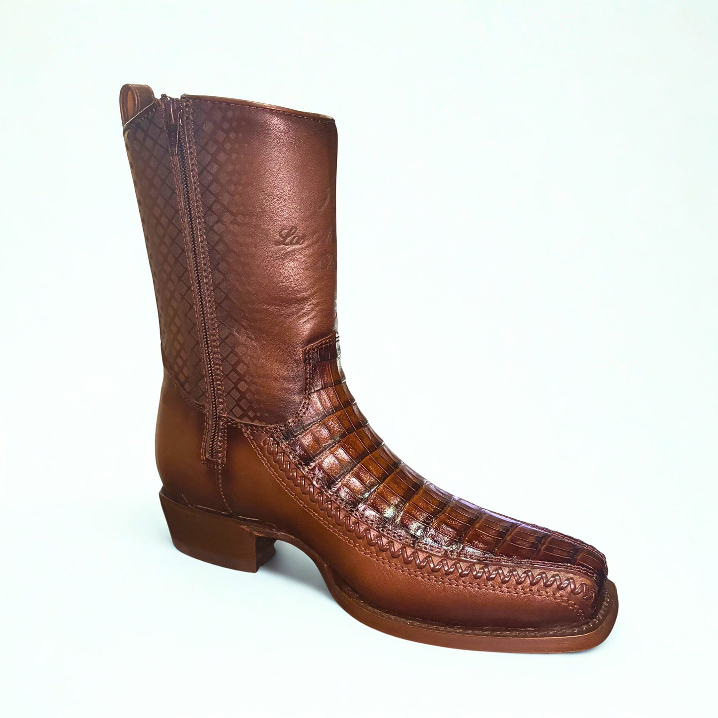 Brown caiman belly Western boot angled view