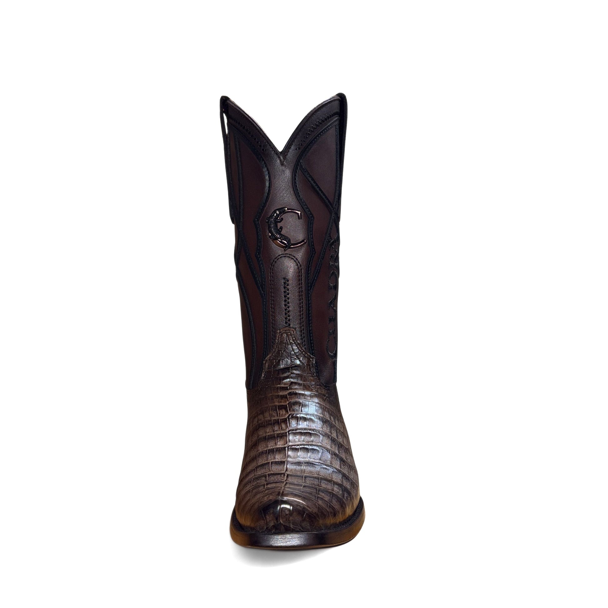 Cuadra Men’s Brown Caiman Embroidery and Woven Narrow Square Toe Boot front view showing narrow square toe