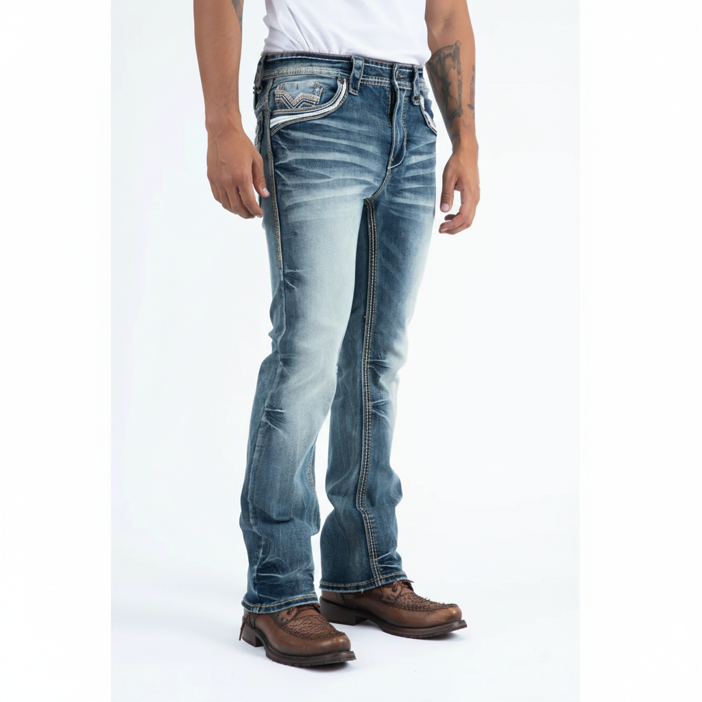 Side profile view of Platini Holt Men’s Blue Slim Boot Cut Jeans