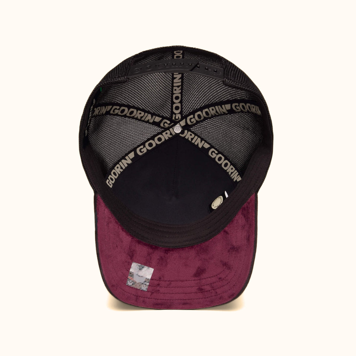 Goorin Bros. Velour Boss black trucker hat bottom view