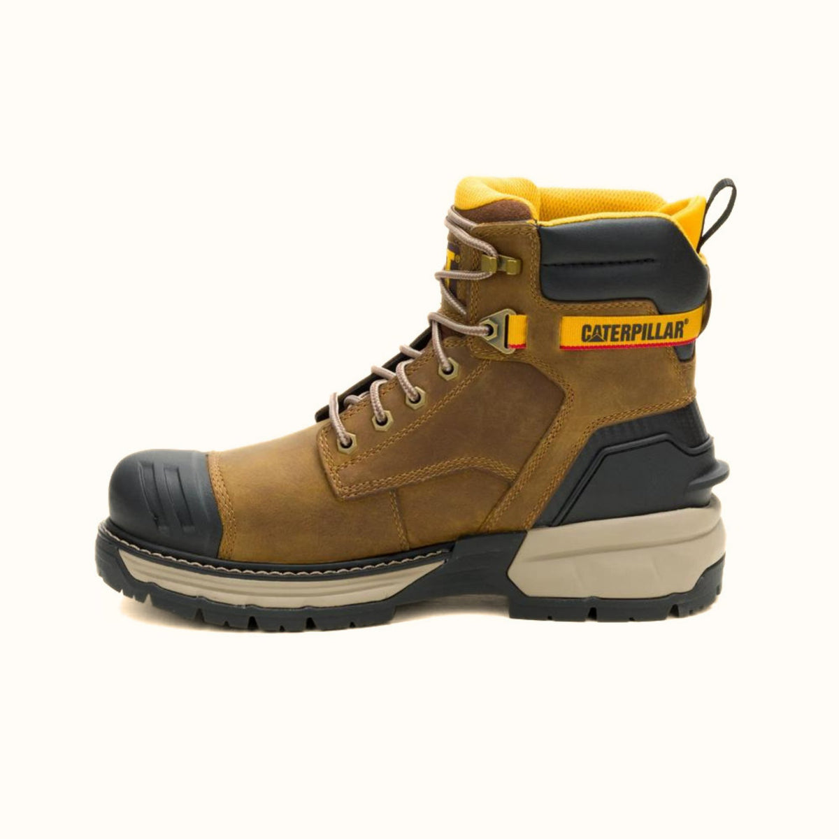 CAT Excavator PowerSpring 6-inch brown waterproof composite toe work boot side view