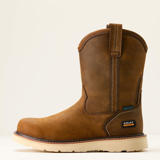 Ariat Rebar Wedge Pull-On Waterproof Work Boot side view in brown leather