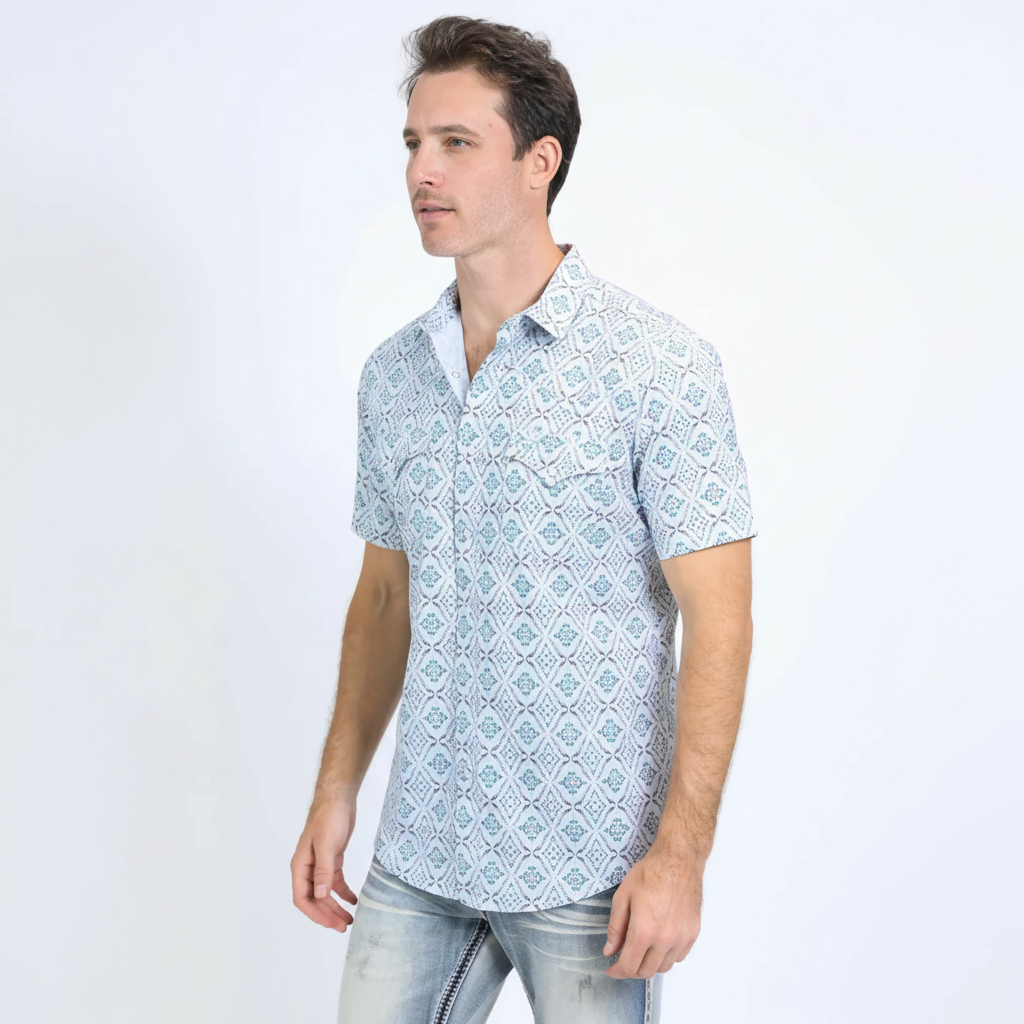 Side view of Platini Men’s Performance Western Short Sleeve Aztec Print Shirt