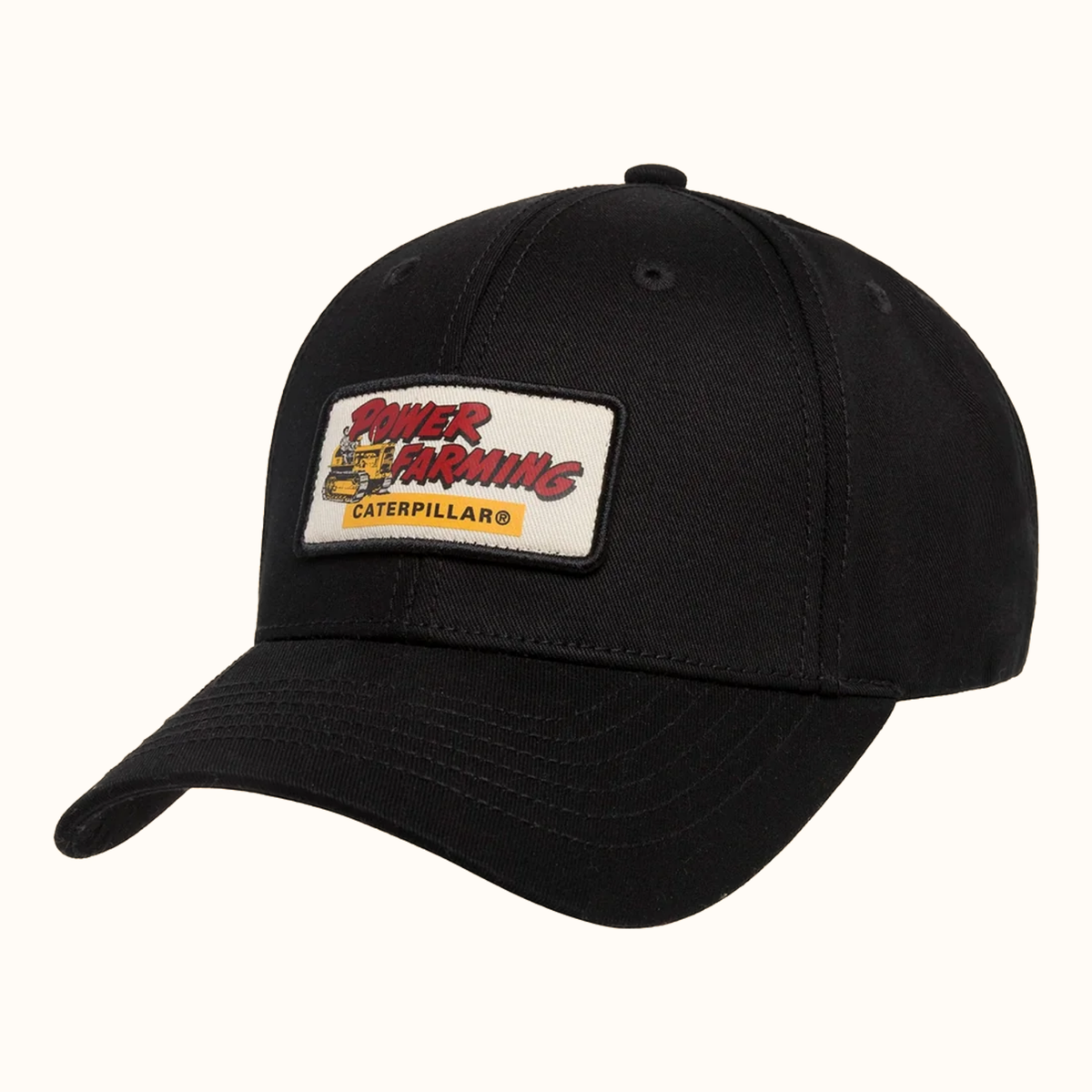 CAT Power Farming black cap with heritage farming graphic patch front view
