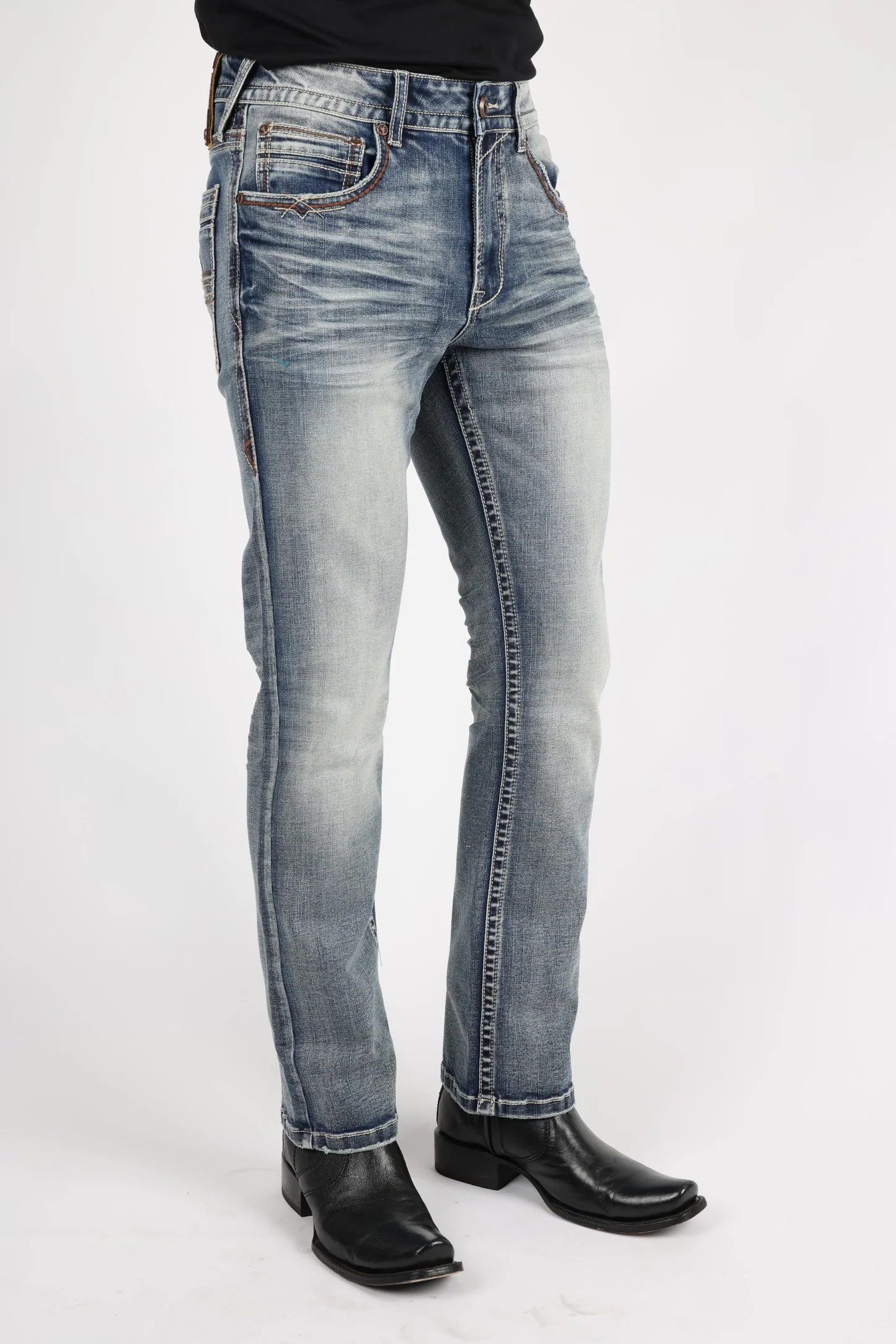 Platini Holt men’s blue boot cut jeans angled rear view