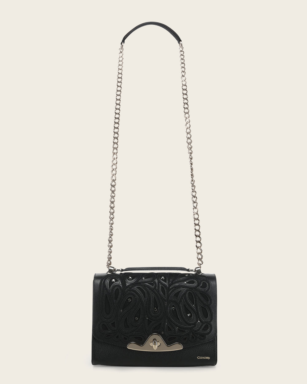 Cuadra Black Leather Crystal Shoulder Bag crossbody strap view