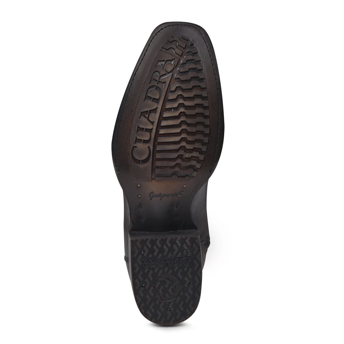 Outsole view of Cuadra Plunge Black Caiman Laser & Woven Narrow Square Toe Boot