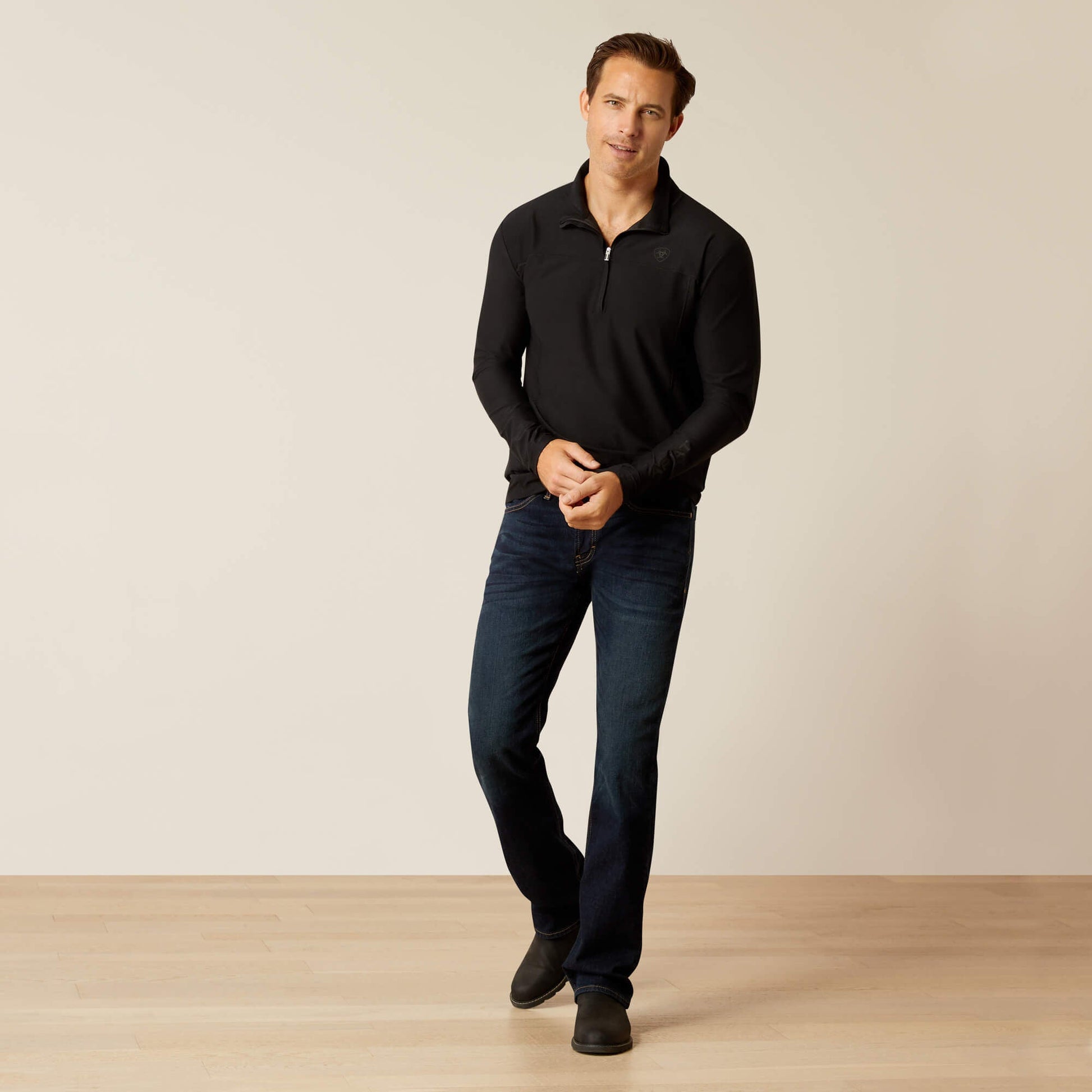 Full body view of Ariat Lowell 3.0 1/4 Zip Baselayer on model in black