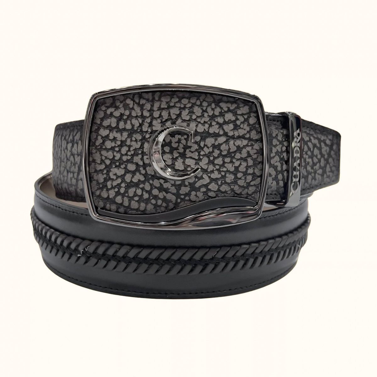 Cuadra men’s grey American bison leather Western belt with engraved buckle front view