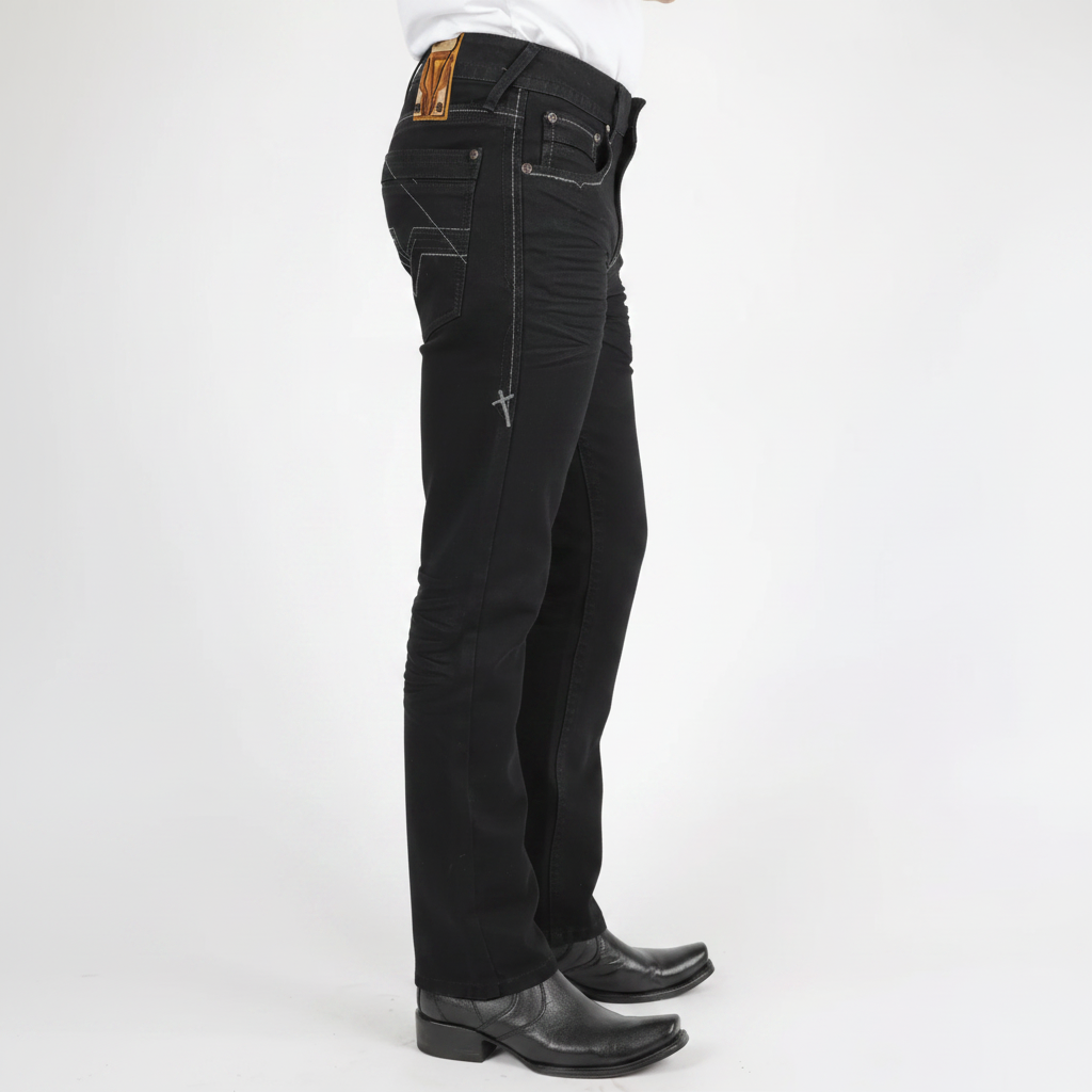 Platini Holt black boot cut jeans side profile view