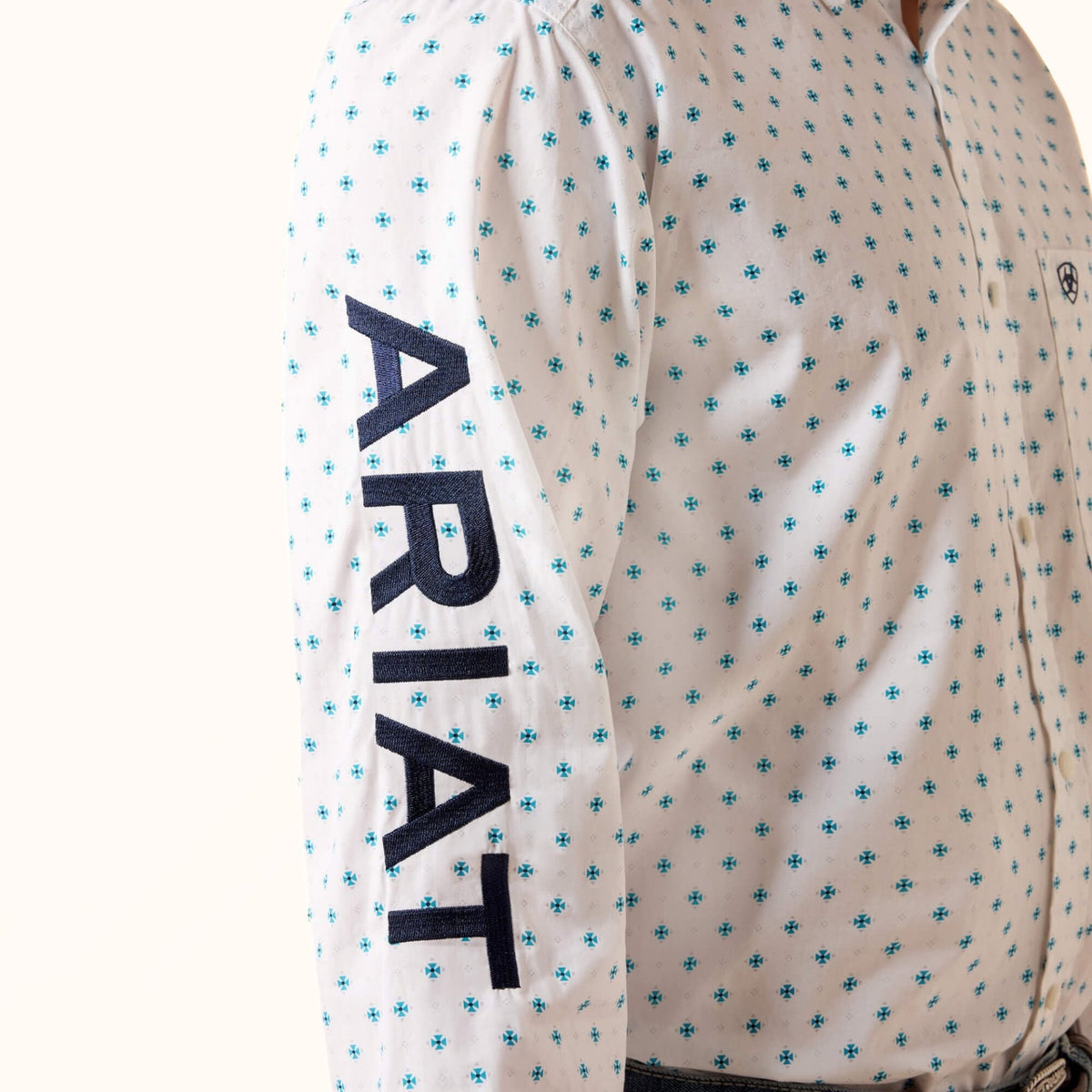 Ariat Team Emory Fitted Shirt in white front sleeve logo view