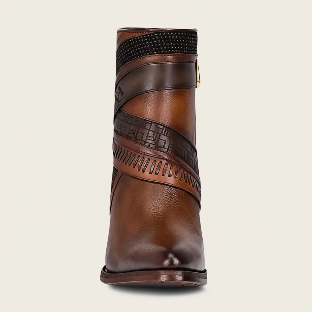 Hand-Painted Brown Leather Ankle Bootie