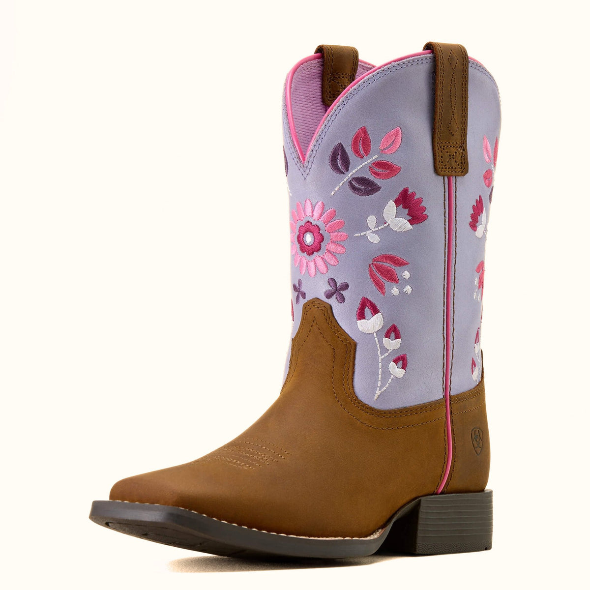 Ariat Wild Bloom girls’ brown leather cowboy boot angle view