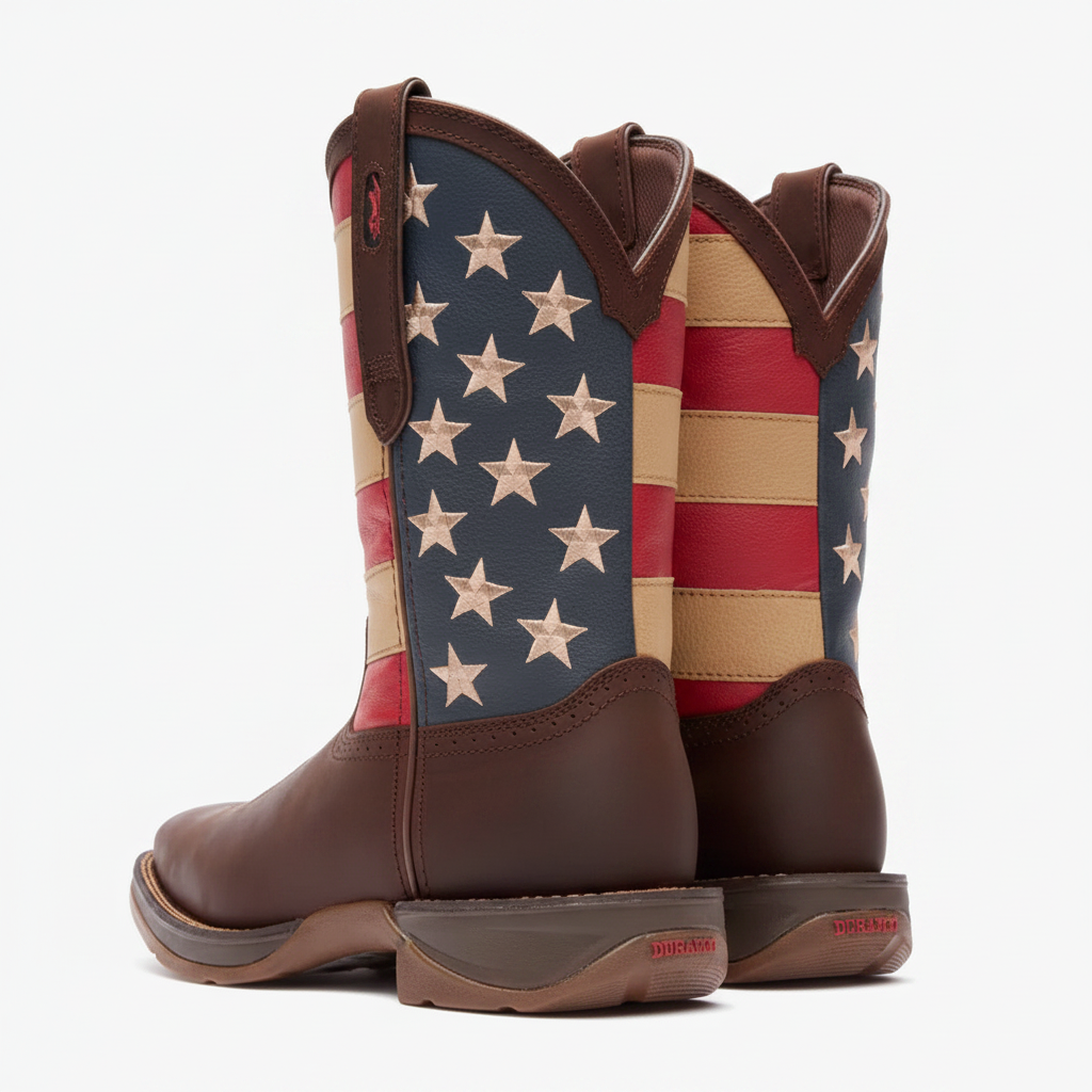 Pair of Durango Rebel Patriotic Pull-On Western Flag Boot back view with pull straps