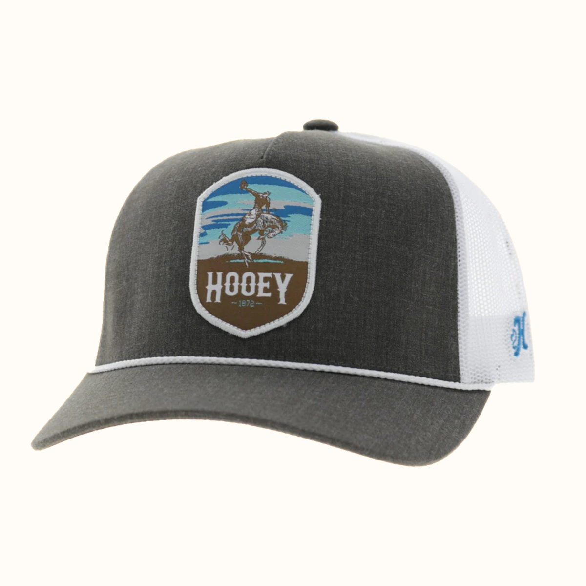 Hooey Cheyenne 5-Panel Trucker Hat in brown and white front angle view