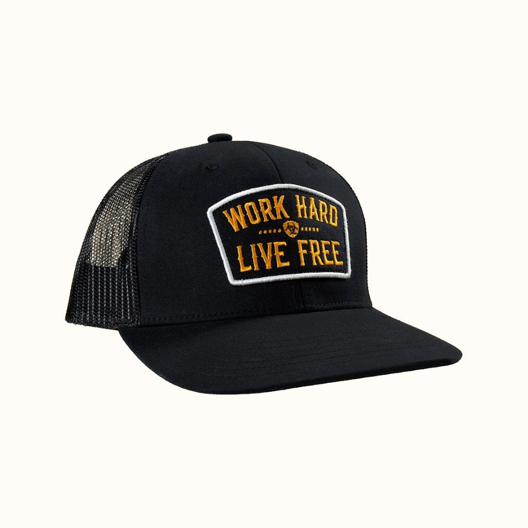 Ariat Work Hard Live Free black trucker cap front angle view