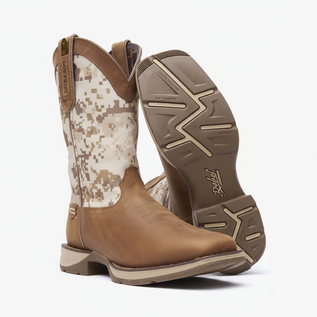 Pair of Durango Rebel Desert Camo Pull-On Western Boots in tan with camo shaft