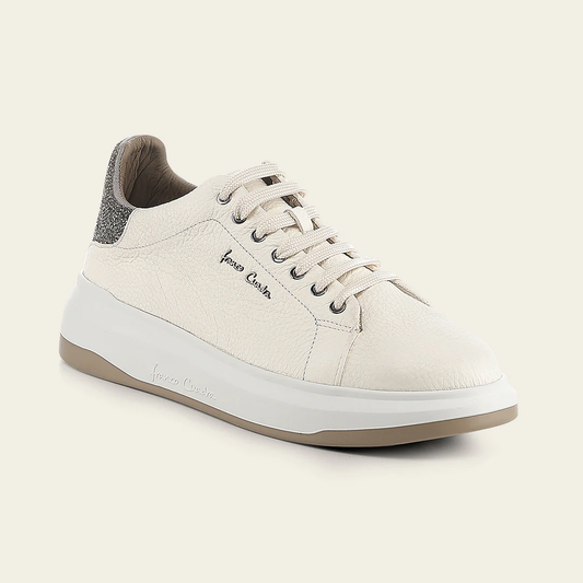 Cuadra Beige Deer Leather Lace-Up Sneaker angled side view in beige leather
