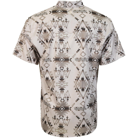 Hooey Sol Short Sleeve Pearl Snap Shirt back view in tan Aztec print