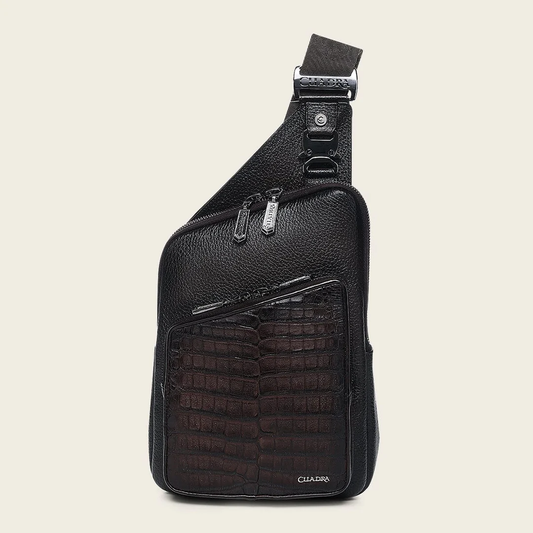 Cuadra Men’s Chocolate Caiman Zipper Bag front view in dark brown exotic leather