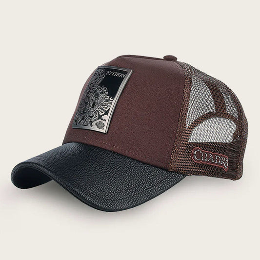 Dark Brown Python Metal Patch Leather Cap