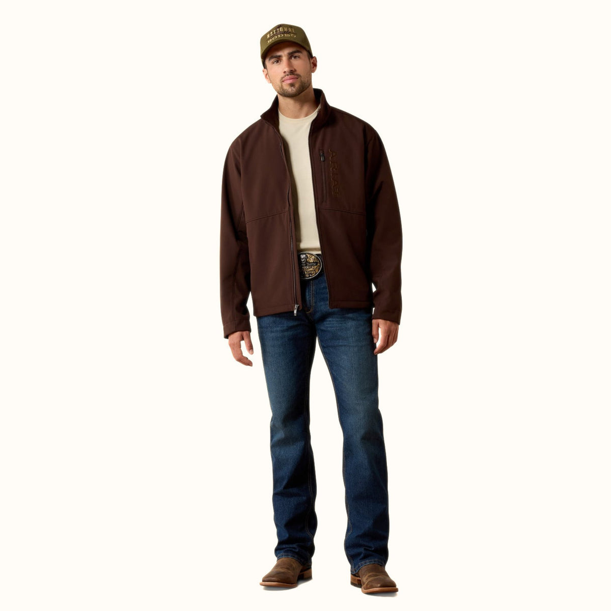 Ariat Chest Logo Softshell Jacket in brown front full view
