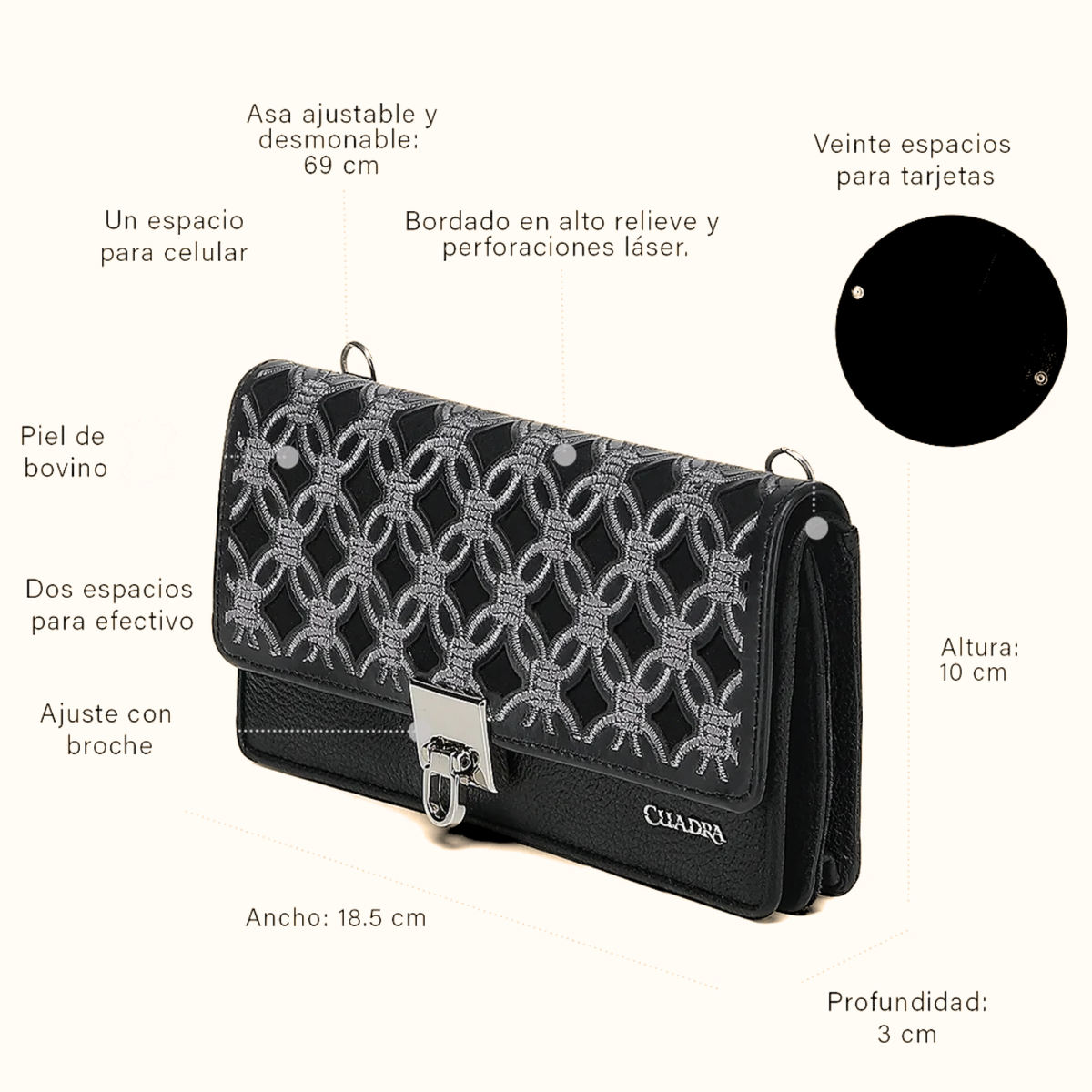 Cuadra women’s black embroidered leather wallet angled view with dimensions