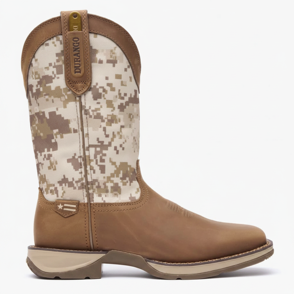 Durango Rebel Desert Camo Pull-On Western Boot side view in tan with desert camo shaft