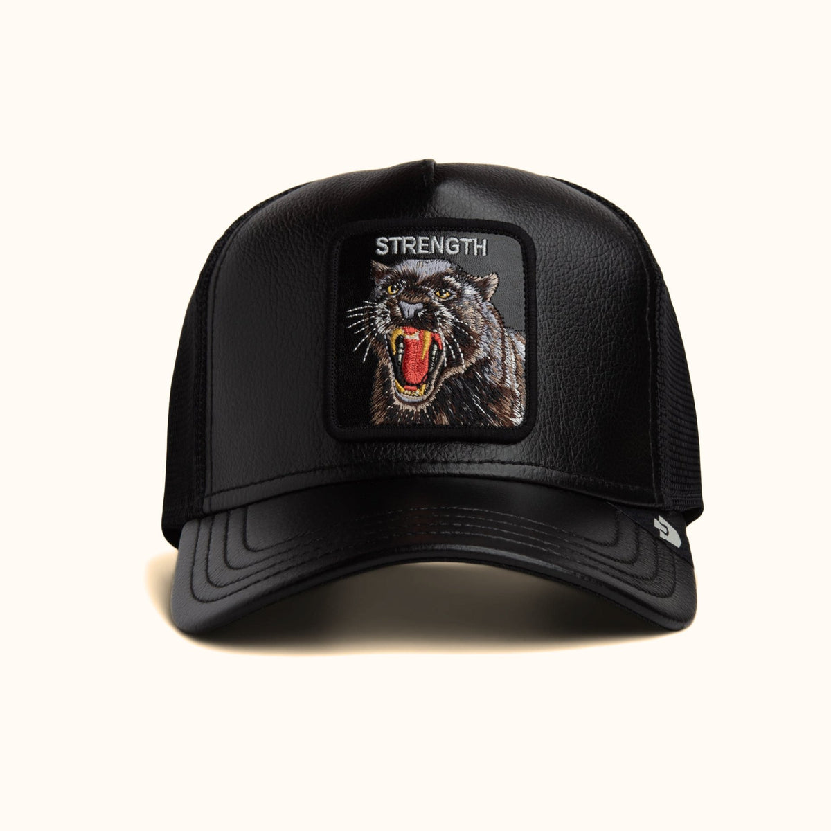 Goorin Bros. Faux Leather Panther Trucker Hat black front view