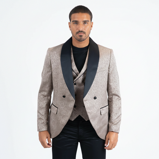 Men Patterned Khaki Double-Breasted Blazer & Vest Set