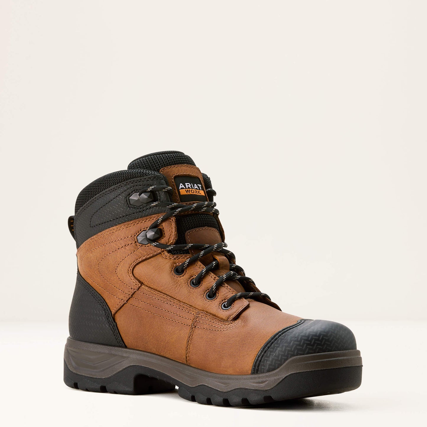 Ariat Turbo Duratread XTR 6 inch Waterproof Work Boot angled side view in brown leather