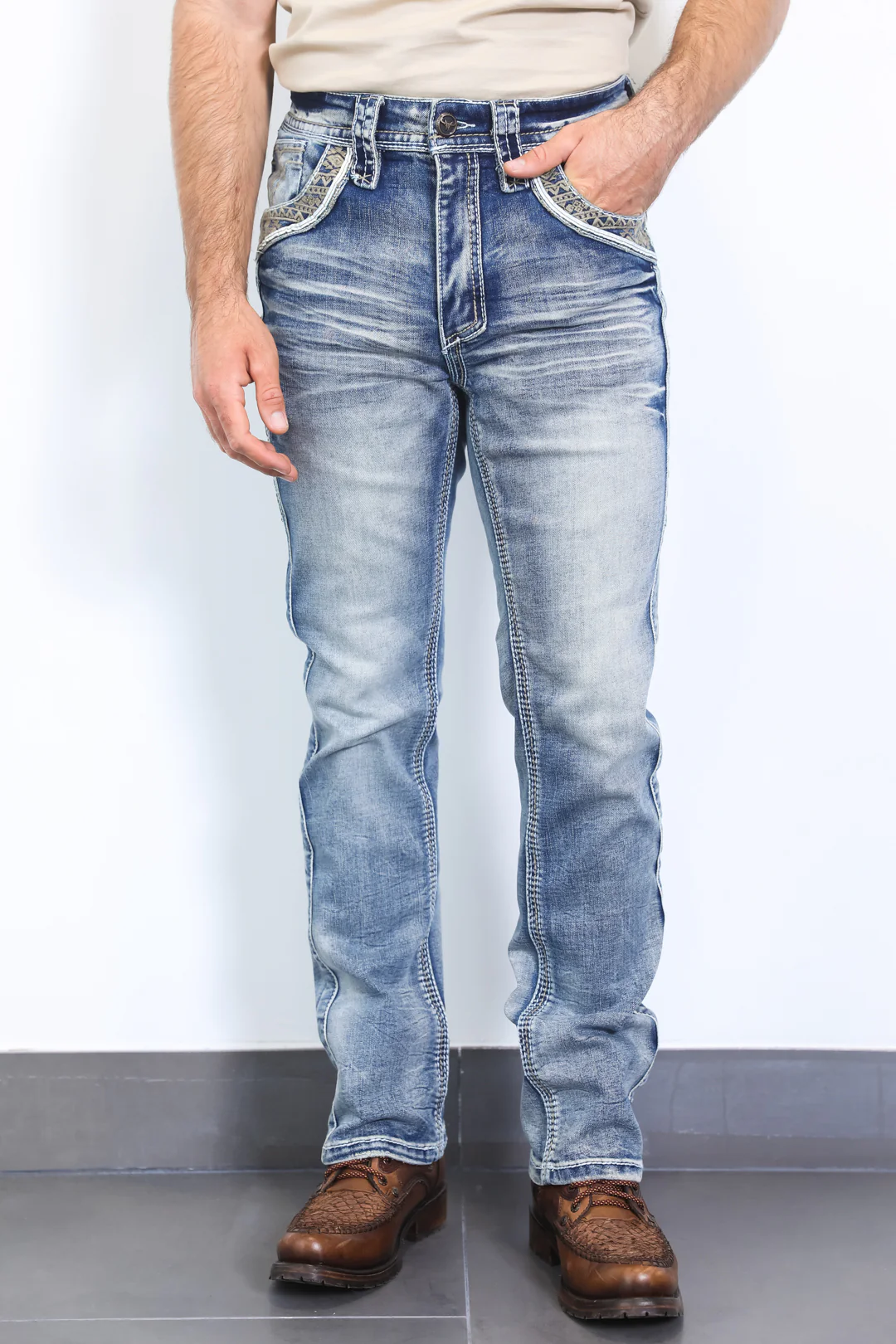 Platini Holt men’s blue slim boot cut jeans full-length front view