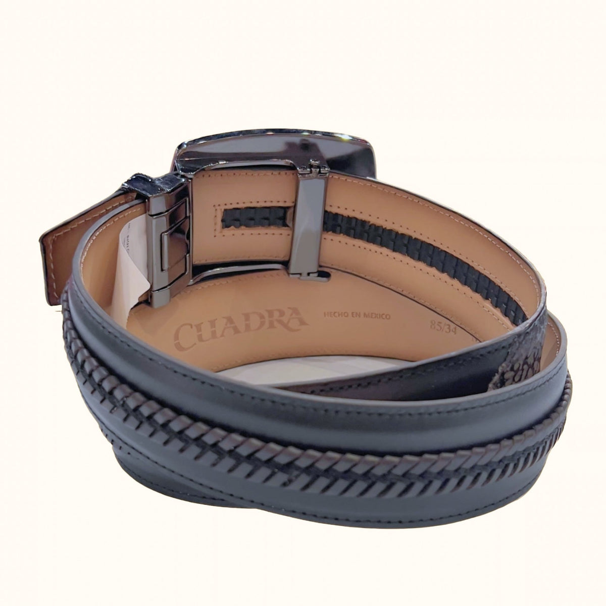 Cuadra men’s grey American bison leather Western belt with engraved buckle back view