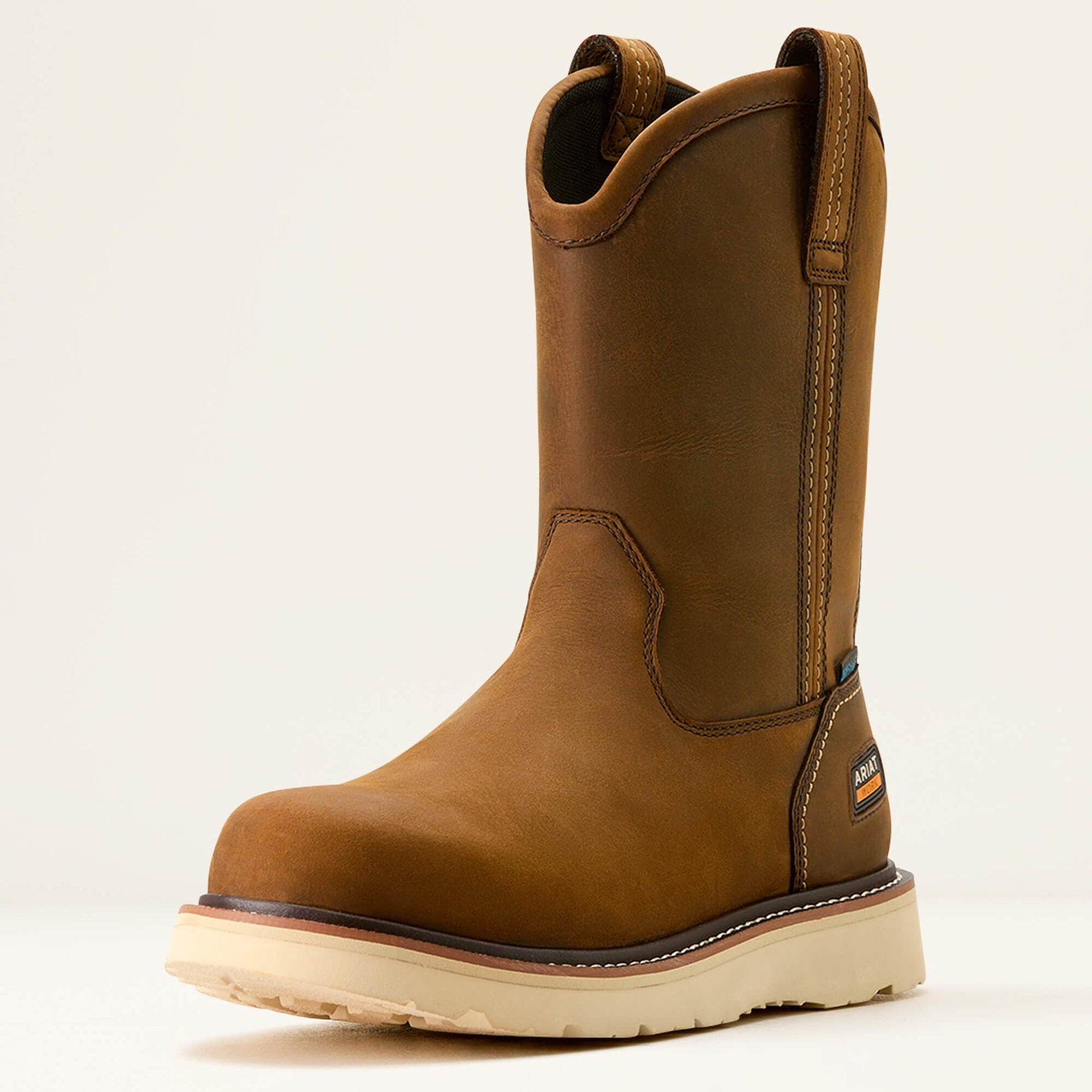 Ariat Rebar Wedge Pull-On Waterproof Work Boot angled front view in brown leather