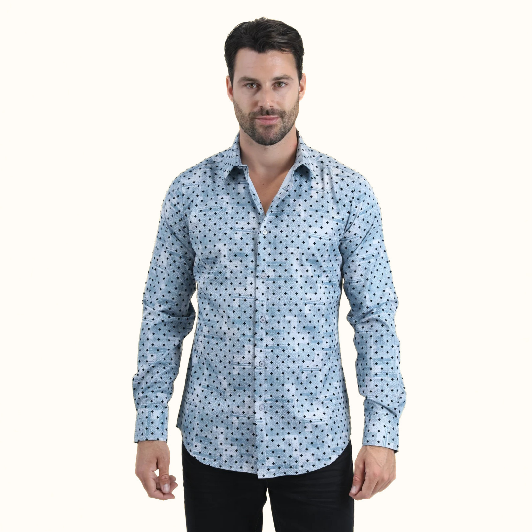 Platini Abstract Patchwork Modern Shirt in blue front view