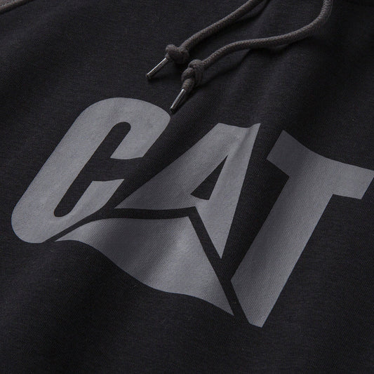 CAT logo graphic close-up on black hoodie