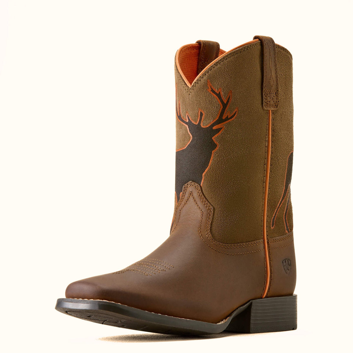 Ariat Trail Cam brown and orange Western boot angle view