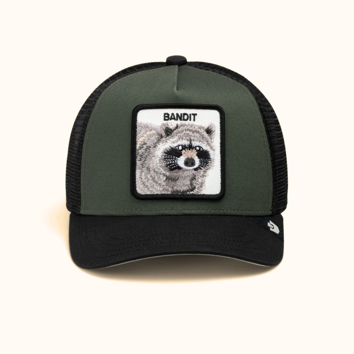 Goorin Bandit olive and black trucker hat front view