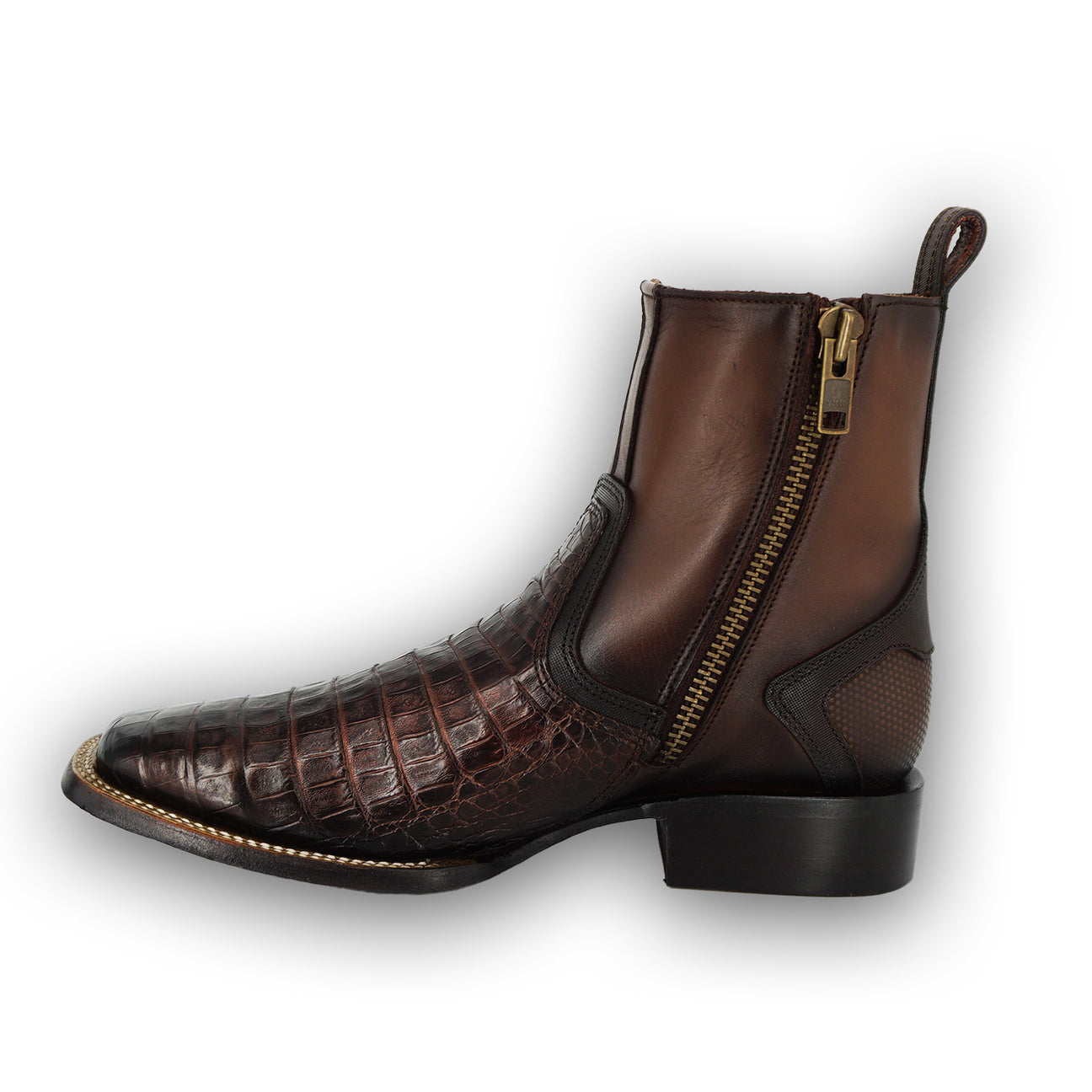 Brown Caiman Zipper & Elastic Square Toe