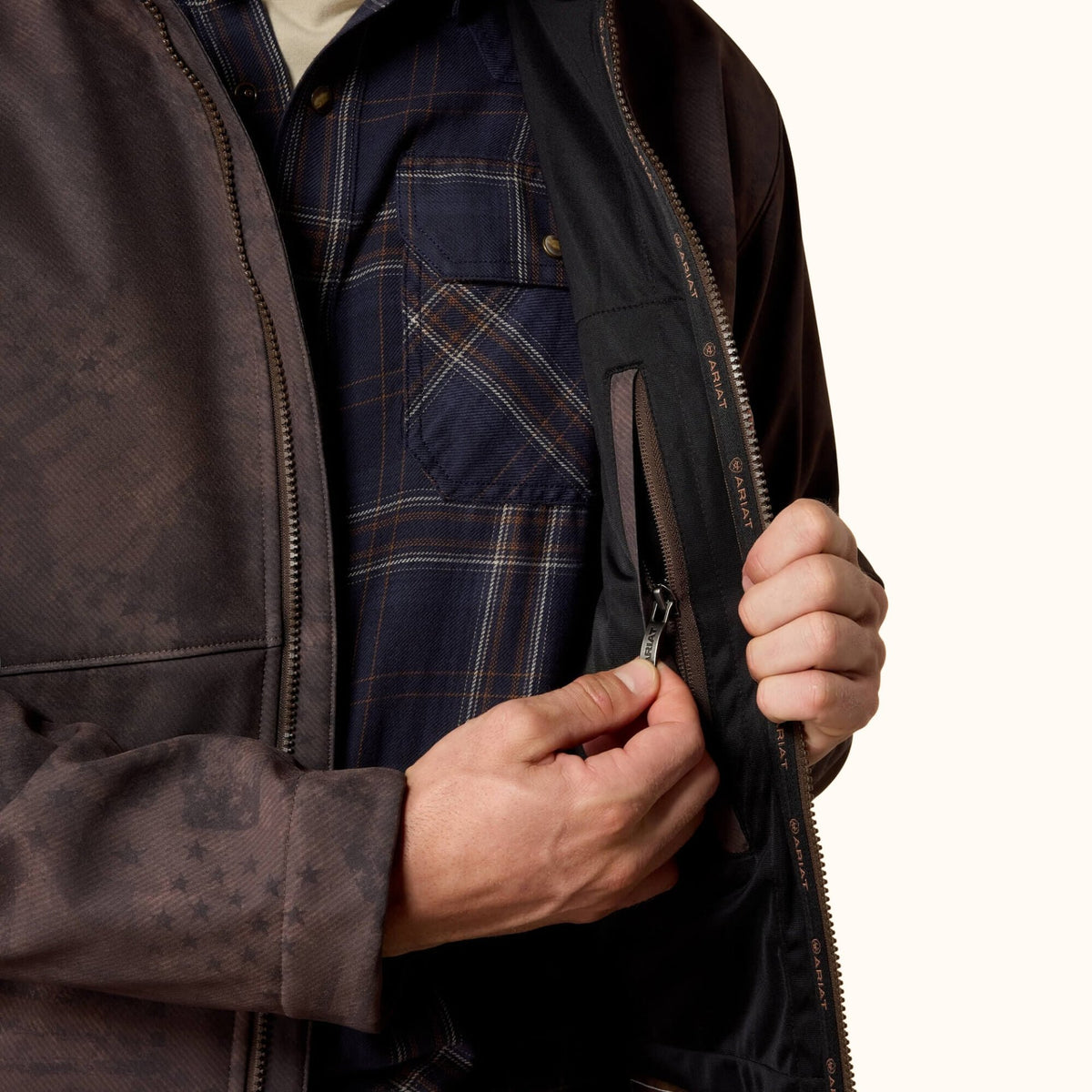 Ariat Patriot Flag brown softshell jacket front open view