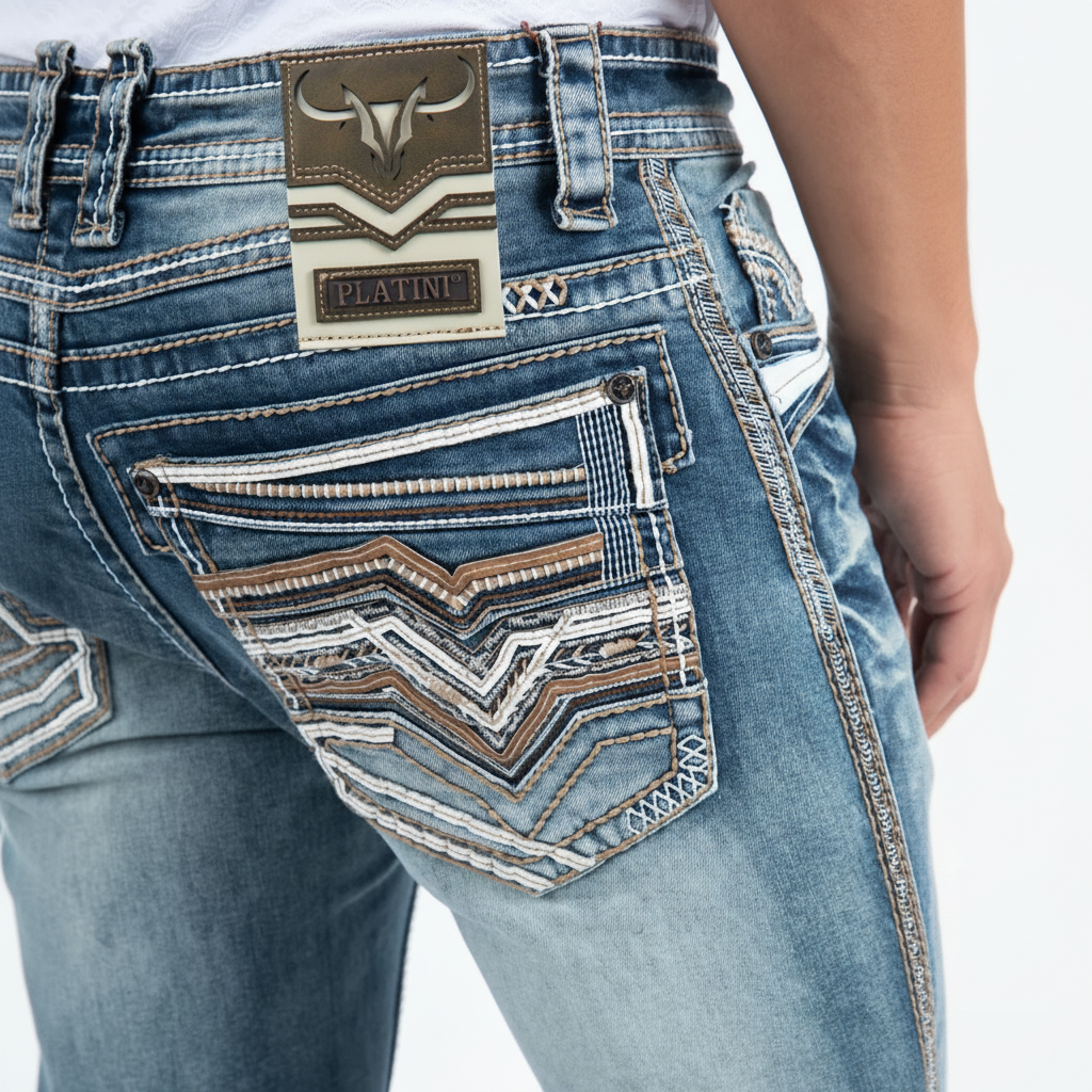 Close-up rear pocket detail of Platini Holt Men’s Blue Slim Boot Cut Jeans