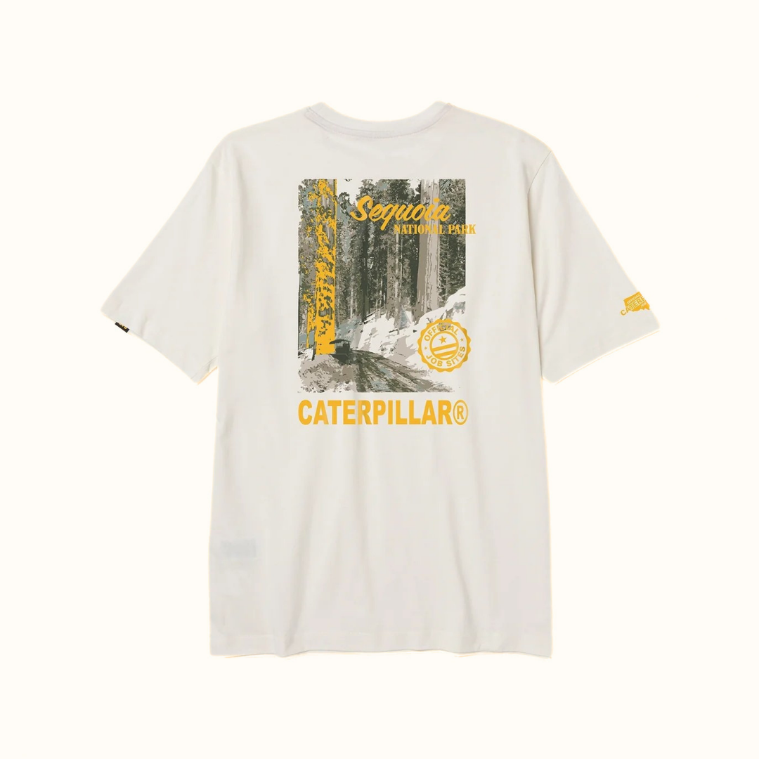 CAT Sequoia Graphic men’s cream short-sleeve T-shirt back view