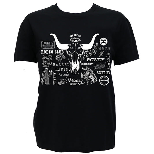 Hooey Round Up Black Rodeo Logo T-Shirt front view in black with white rodeo graphic