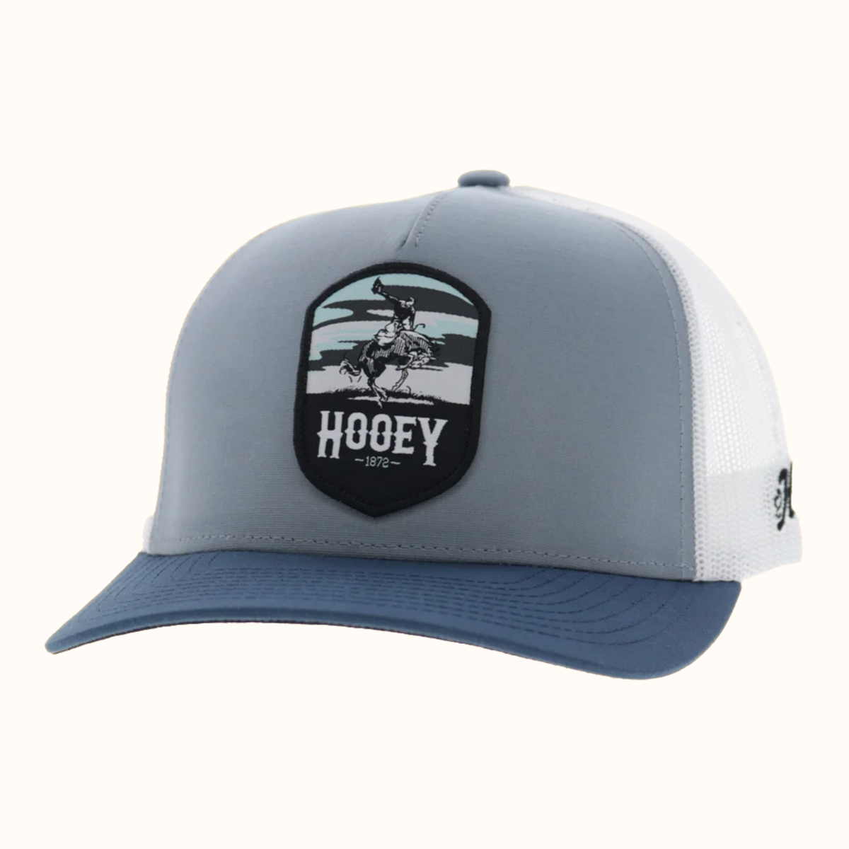 Hooey Cheyenne 5-Panel Trucker Hat in blue and white angle view