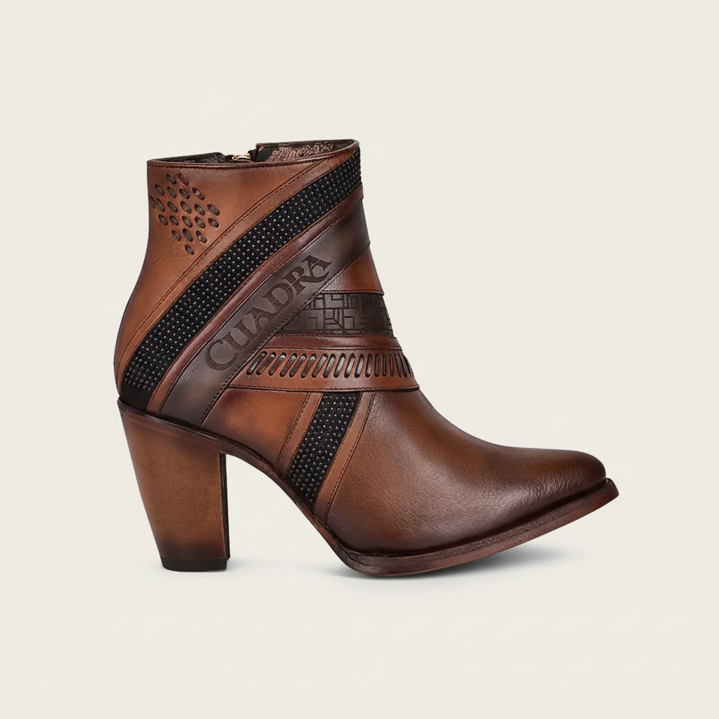 Hand-Painted Brown Leather Ankle Bootie